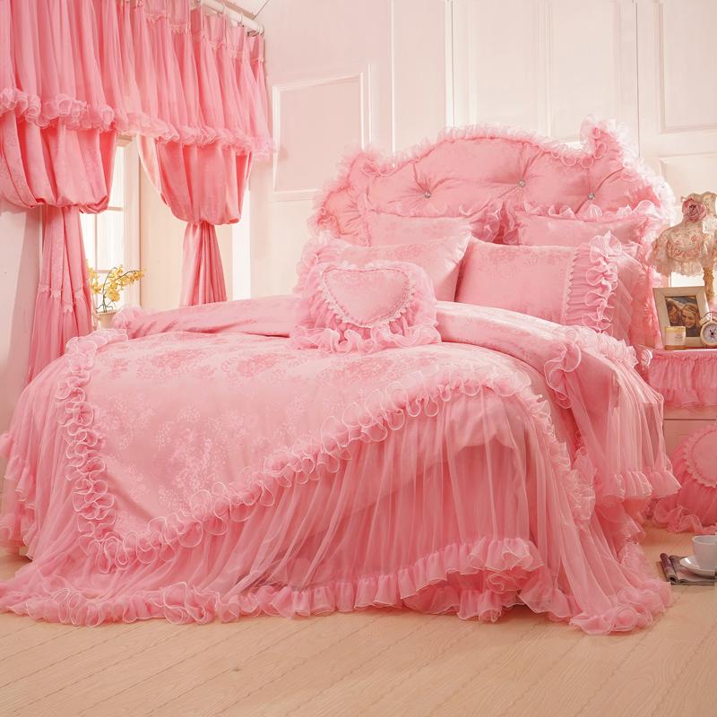 ũ ī ħ Ʈ Ÿ 4   ̽  ħ ħ Ŀ  : ̺ Ŀ + ħ ĿƮ + /Pink Jacquard Bedding Set Luxury 4pcs Princess Lace Ruffles Bedclothes Bedspread